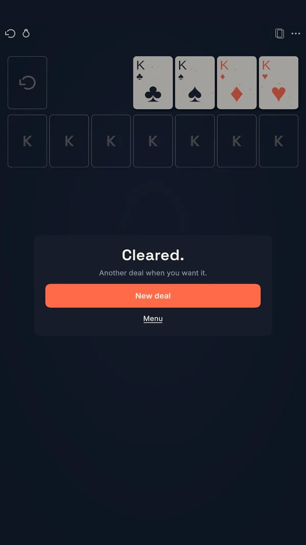 The “Cleared.” screen with a New deal button.